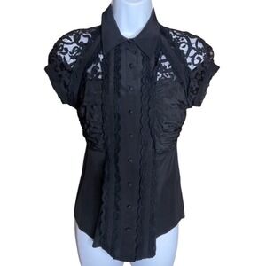 Bebe Black Lace Silk Blend Button-Up Blouse XS XXS Goth Y2K Evening Top